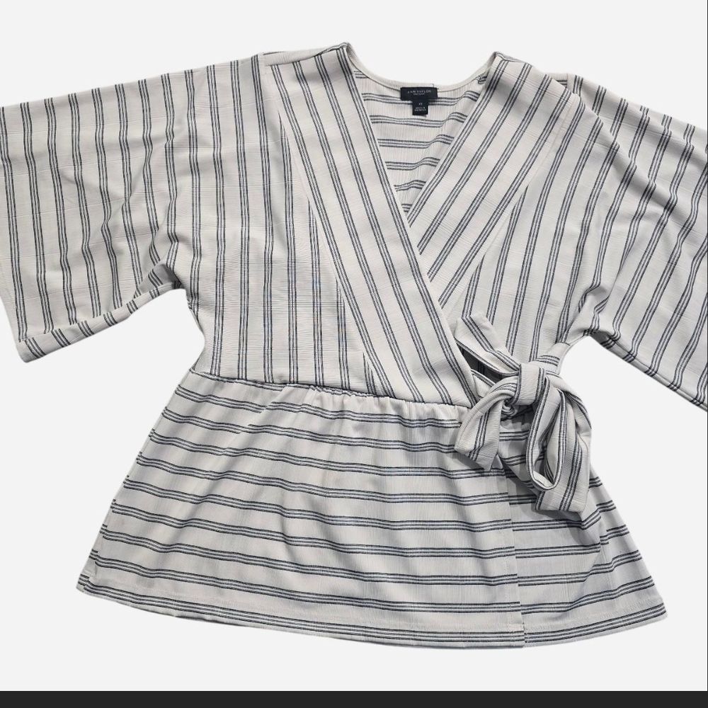 Ann Taylor Navy and White Striped Wrap Blouse
